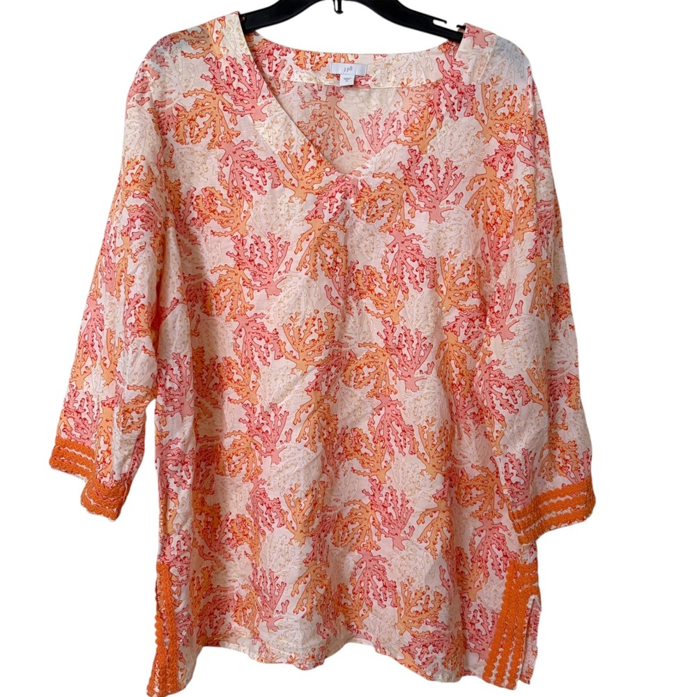 J. Jill Womens XL Tunic Orange Pink Coral Print Linen Cotton Embroidered Blouse